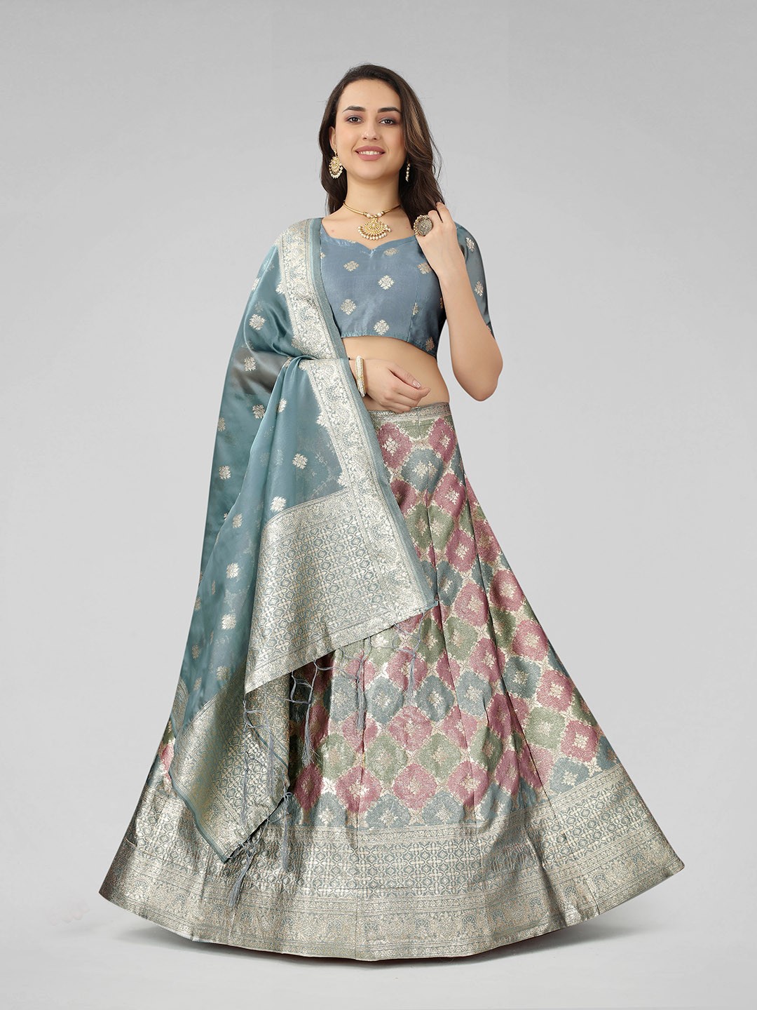 

JATRIQQ Woven Design Semi-Stitched Organza Lehenga Choli With Dupatta, Grey