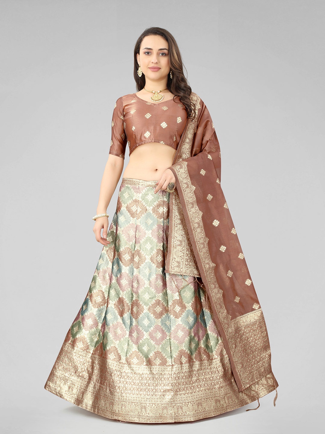 

JATRIQQ Ethnic Woven Design Zari Semi-Stitched Lehenga & Unstitched Blouse With Dupatta, Brown