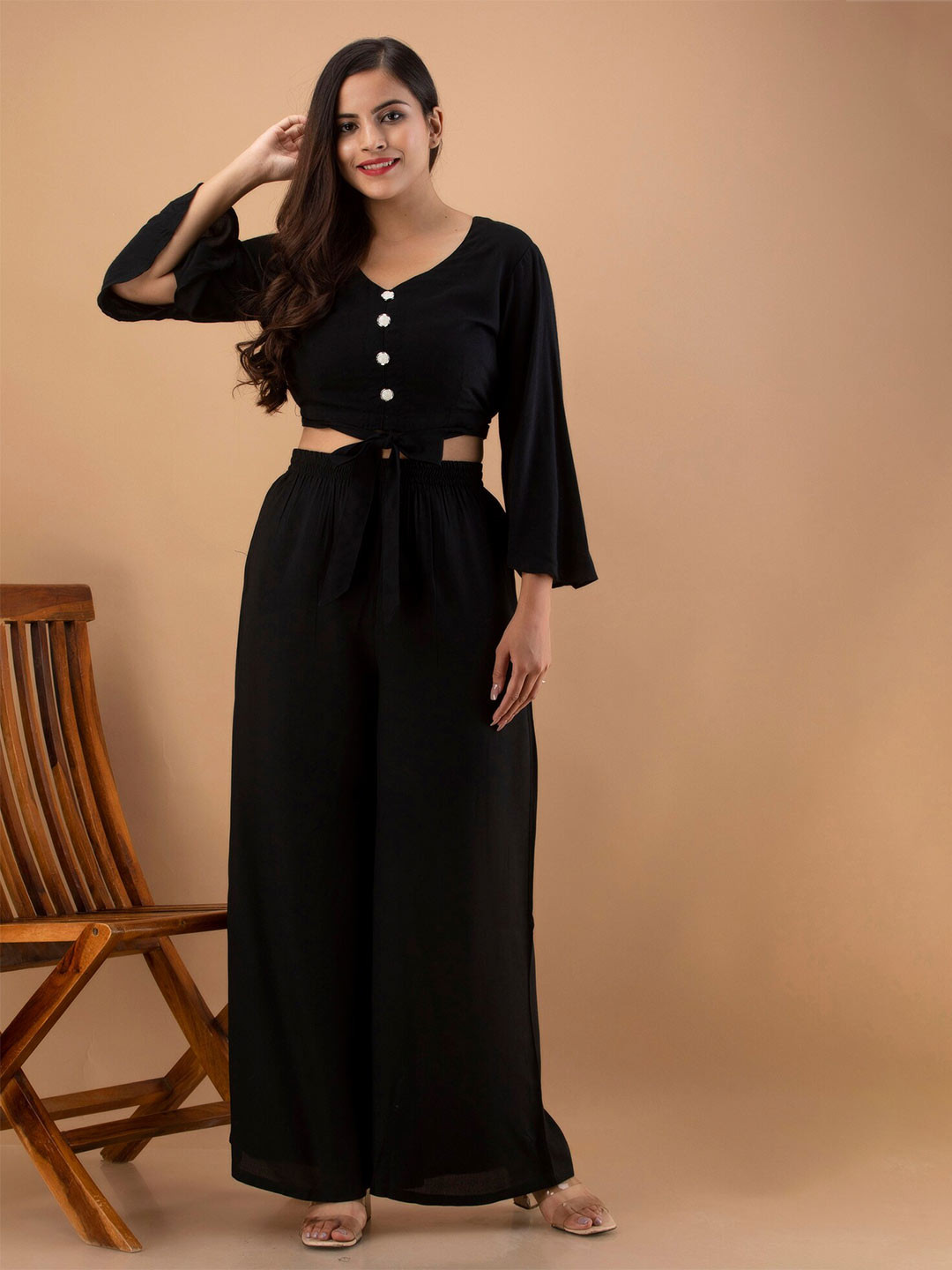 

UNIBLISS V- Neck Tie -Ups Crop Top With Palazzos, Black
