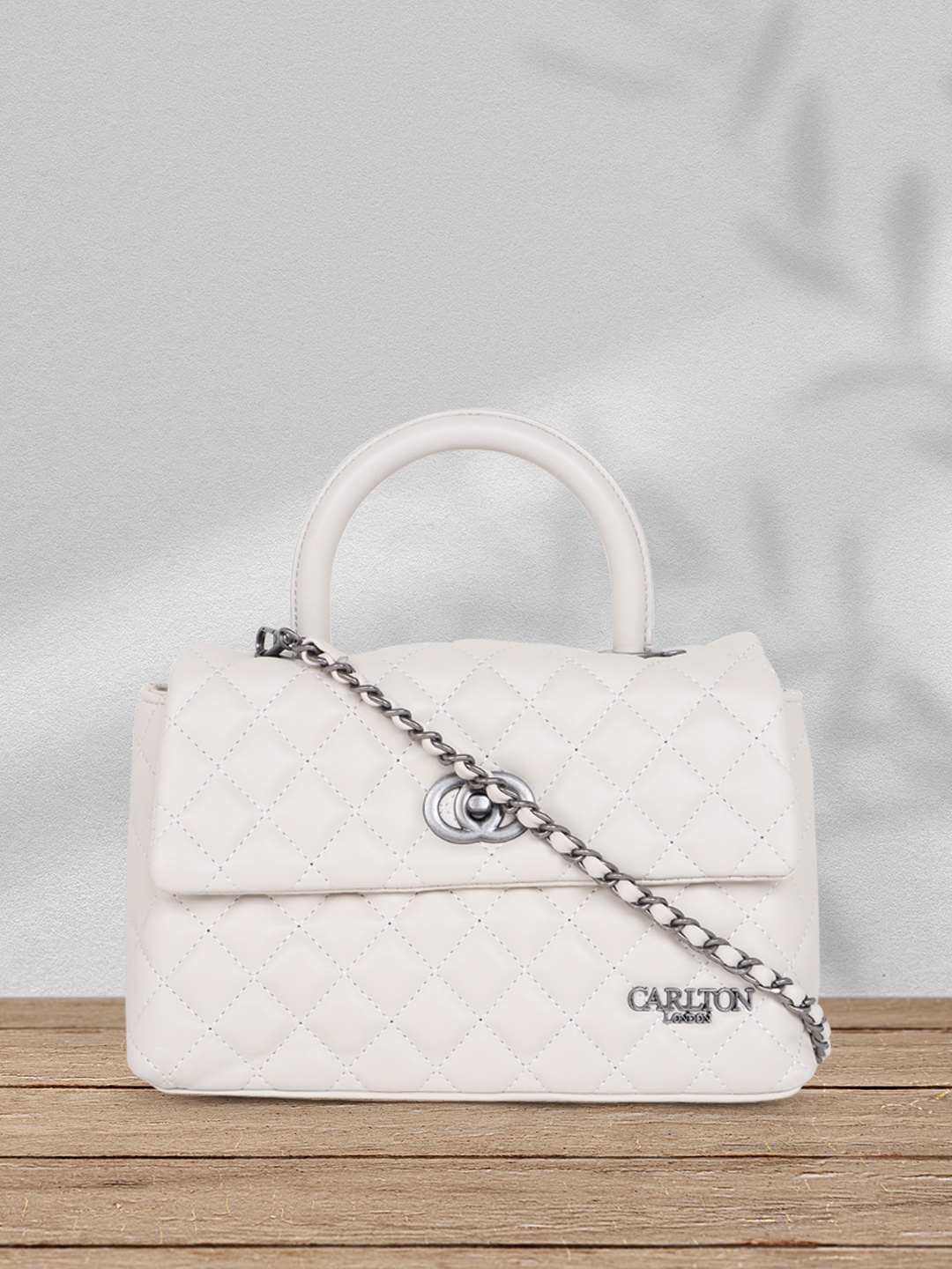 

Carlton London Textured Structured Satchel Handbag with Quilted, Cream