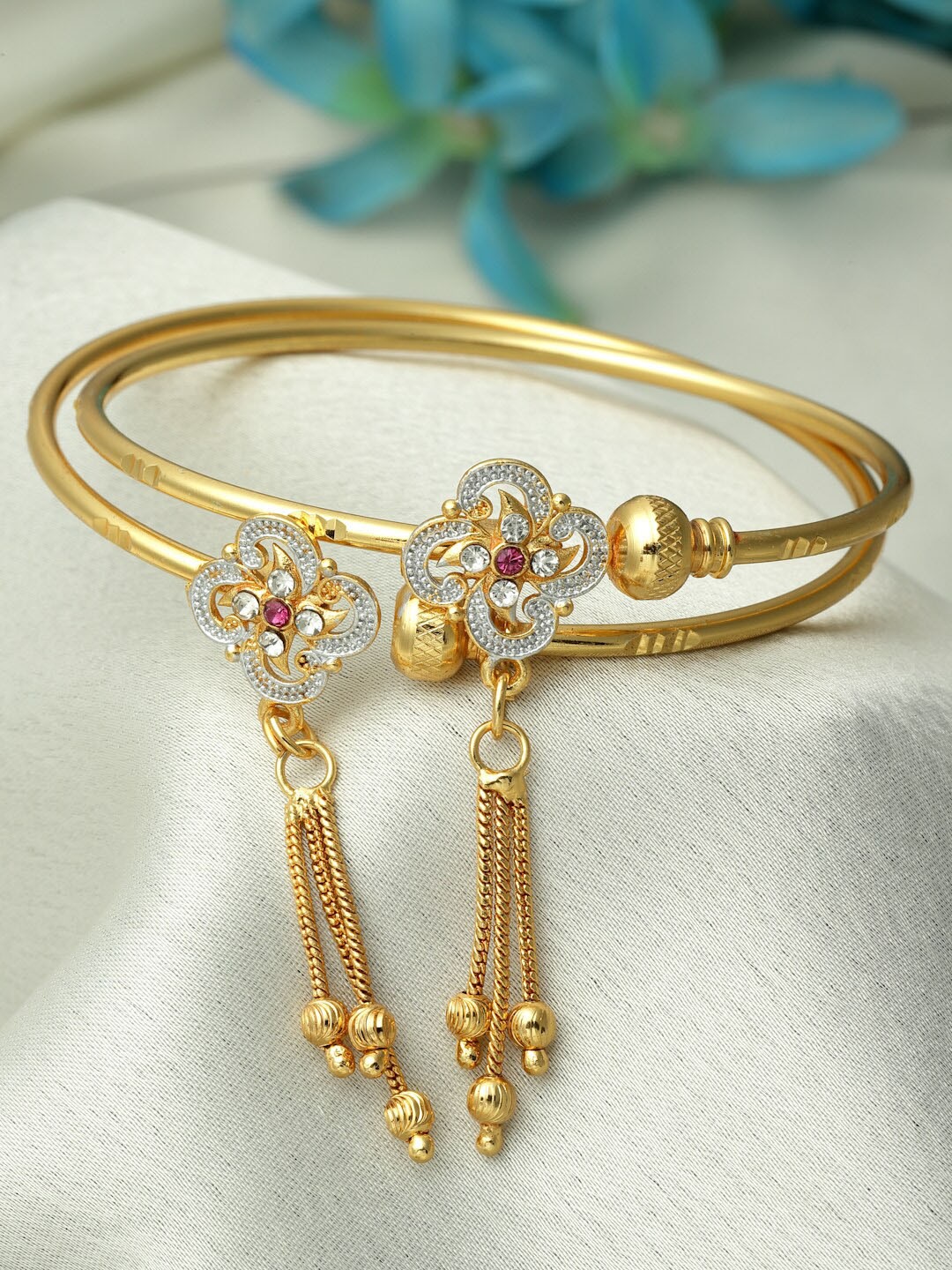 

ZENEME Set Of 2 American Diamond Tasselled Gold-Plated Kada Bracelet