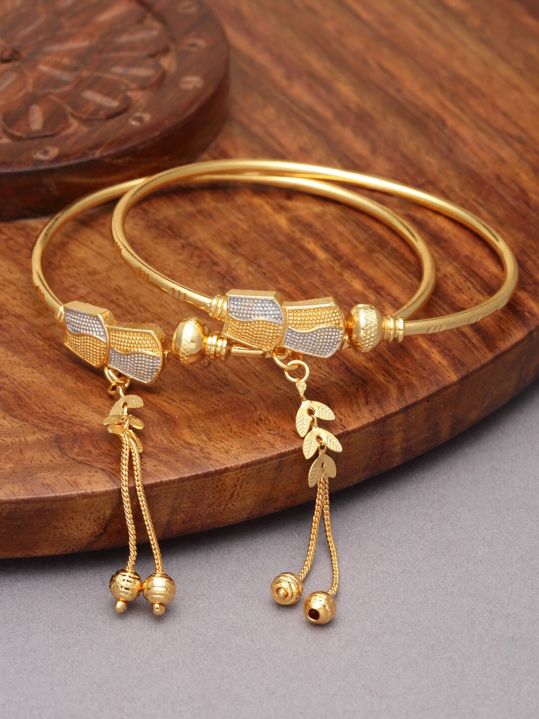 

ZENEME Set Of 2 Tasselled Gold-Plated Kada Bracelet