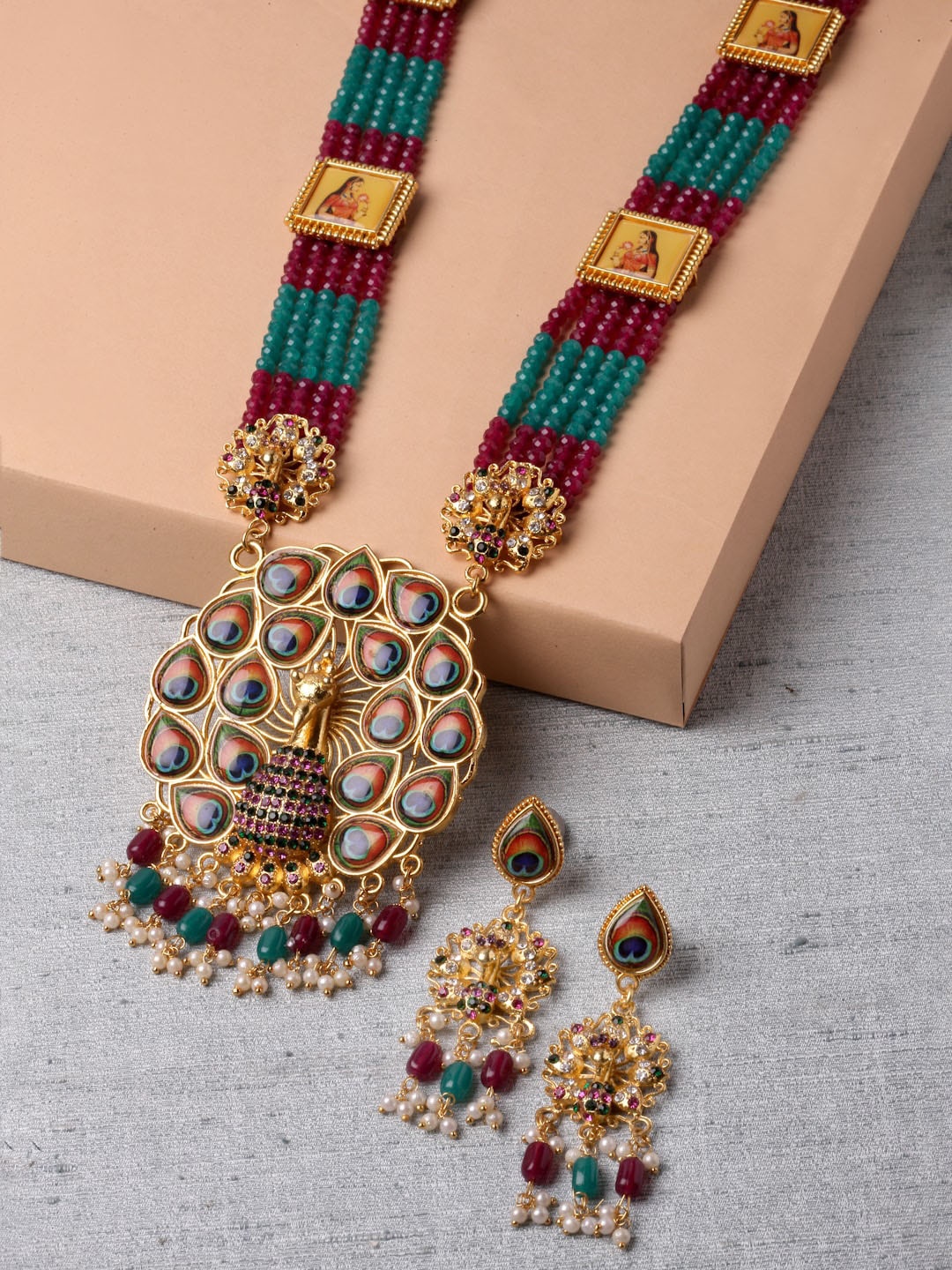 

ZENEME Gold-plated Enamelled & Pearl-beaded Peacock Craved Jewellery Set