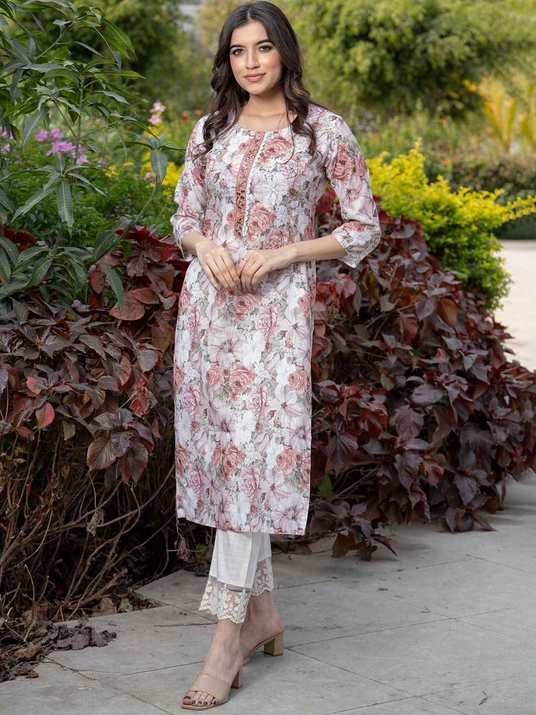 

all about you Off White & Peach Mirror Work Floral Printed Cotton Straight Kurta