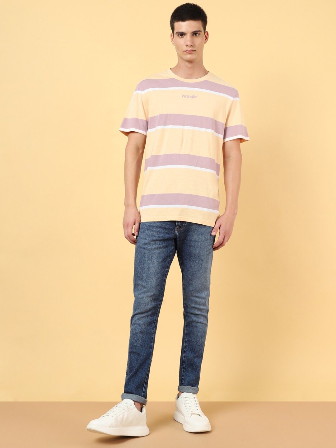 

Wrangler Striped Round Neck Cotton Relaxed T-shirt, Yellow