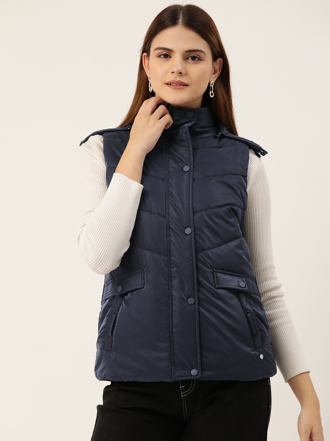 

Monte Carlo Solid Faux Fur Detailed Open-Front Detachable Hood Padded Jacket, Navy blue