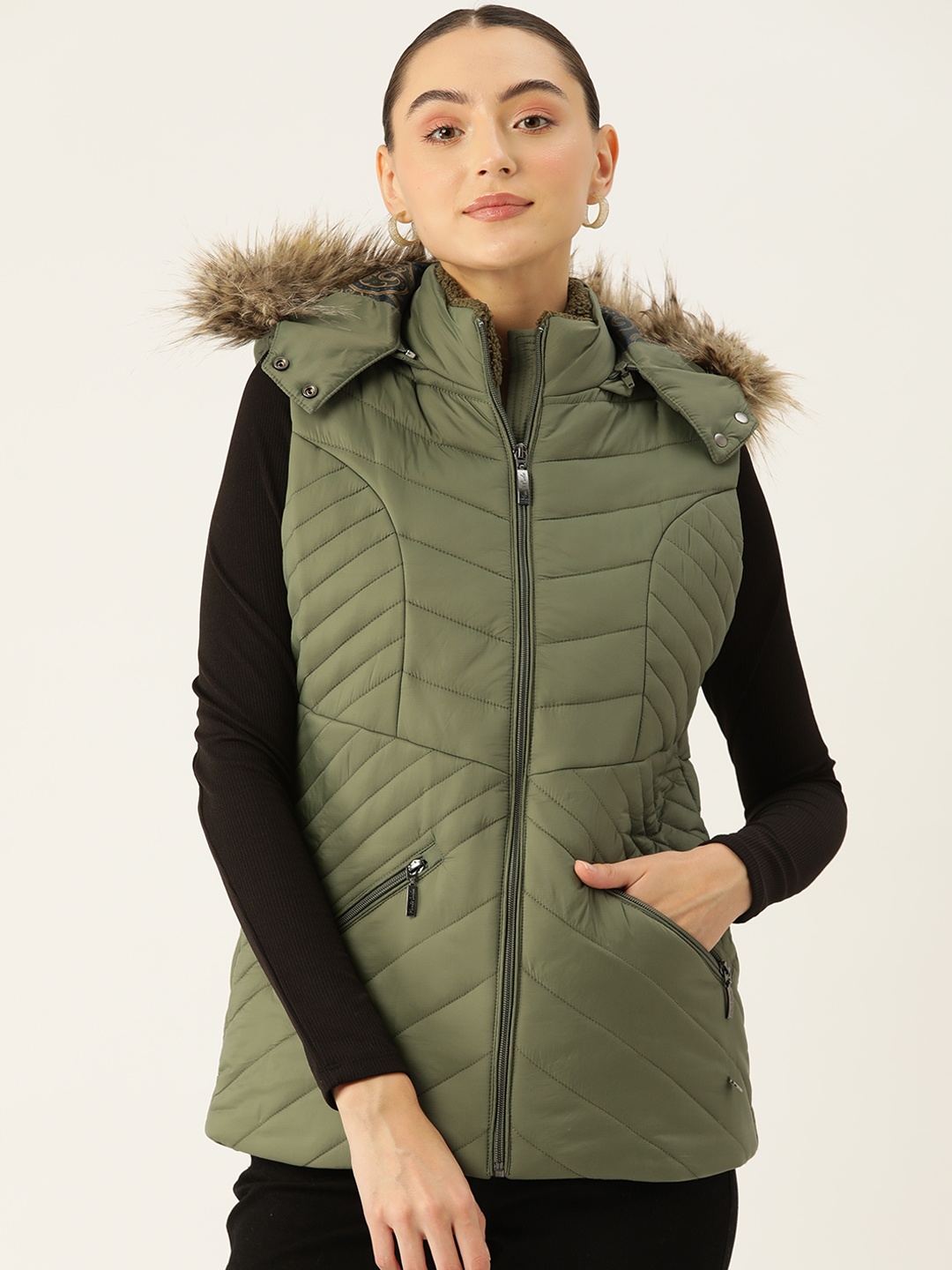

Monte Carlo Faux Fur Hood Sleeveless Parka Jacket, Olive