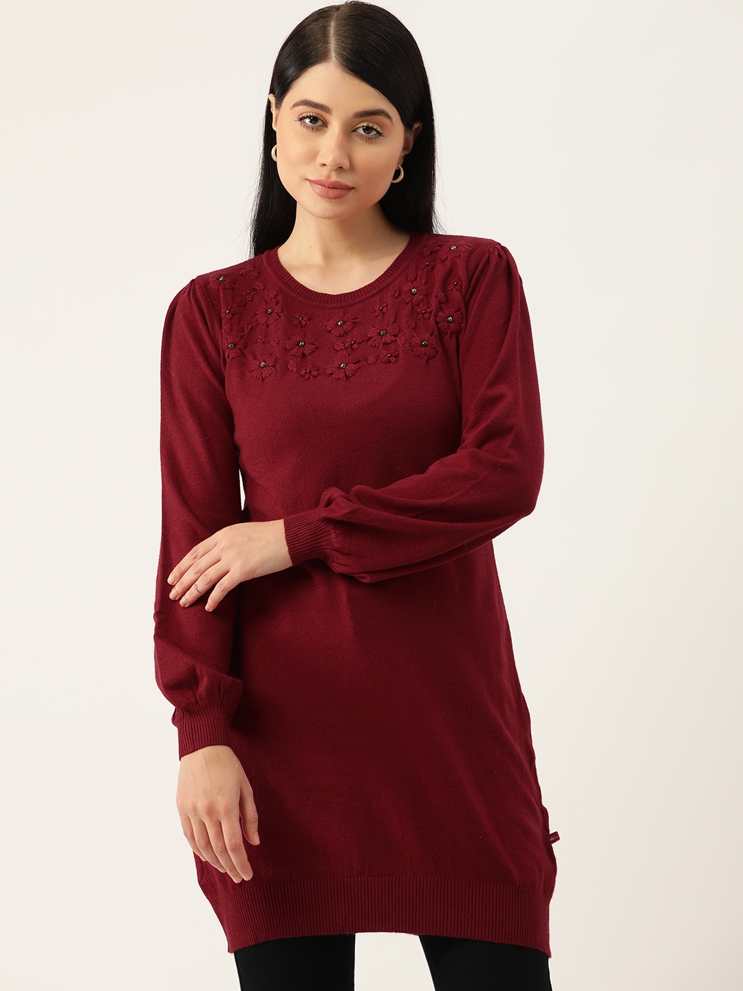 

Monte Carlo Floral Embroidered Longline Pullover, Maroon