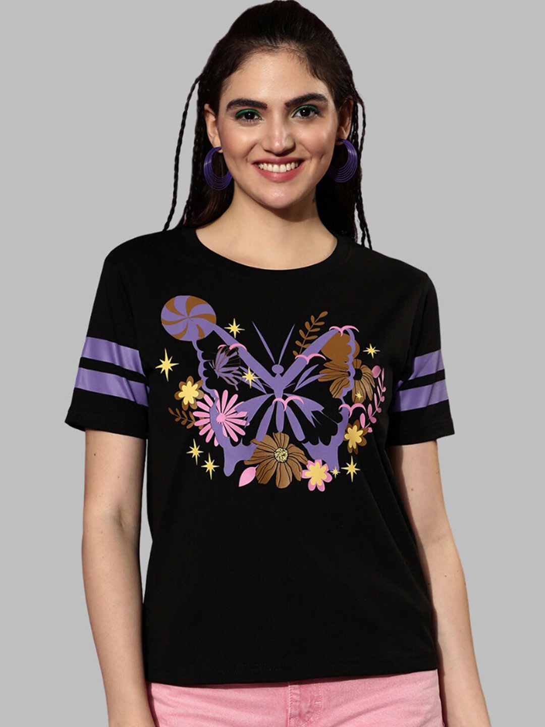 

JUNEBERRY Graphic Printed Cotton T-shirt, Black