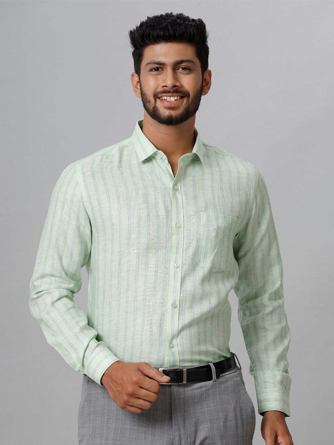

Ramraj Striped Printed Cotton Casual Shirt, Green