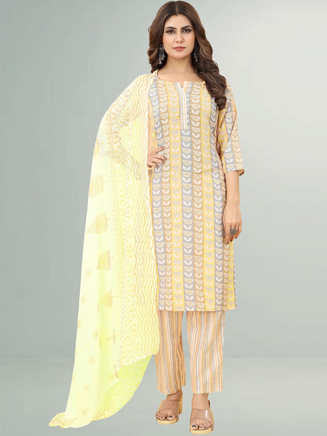 

Kiwie Ethnic Motifs Printed Kurta & Trousers with Dupatta, Yellow