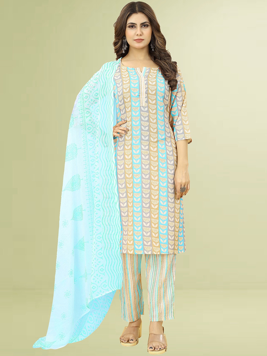 

Kiwie Ethnic Motifs Printed Kurta & Trousers with Dupatta, Blue
