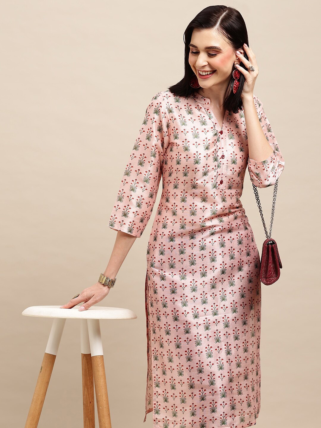 

all about you Women Peach-Coloured Green & Maroon Floral Printed Silk Straight Kurta