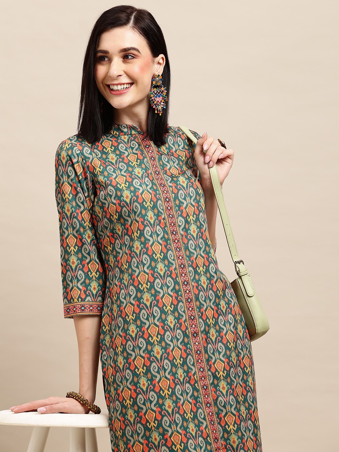 

all about you Green Orange & Yellow Ethnic Motifs Printed Crepe Straight Kurta