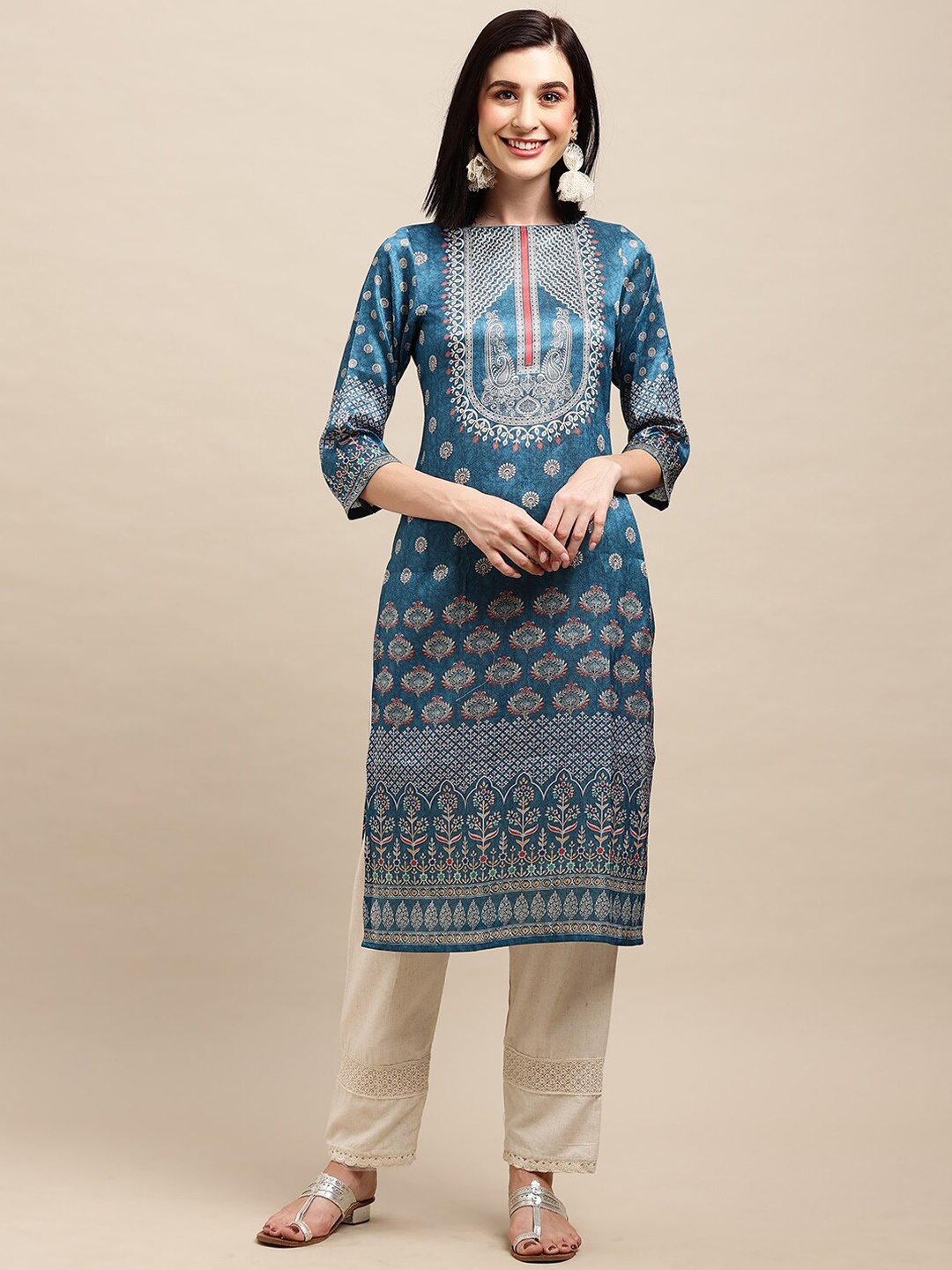

all about you Blue Cream & Red Ethnic Motifs Boat Neck Silk Straight Kurta