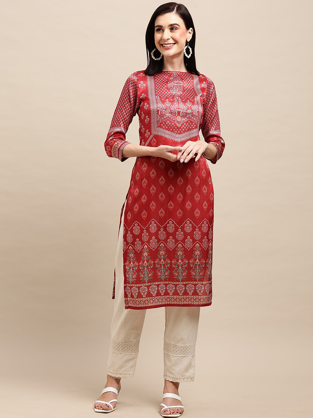

all about you Red & Silver Ethnic Motifs Printed Chanderi Silk Straight Kurta
