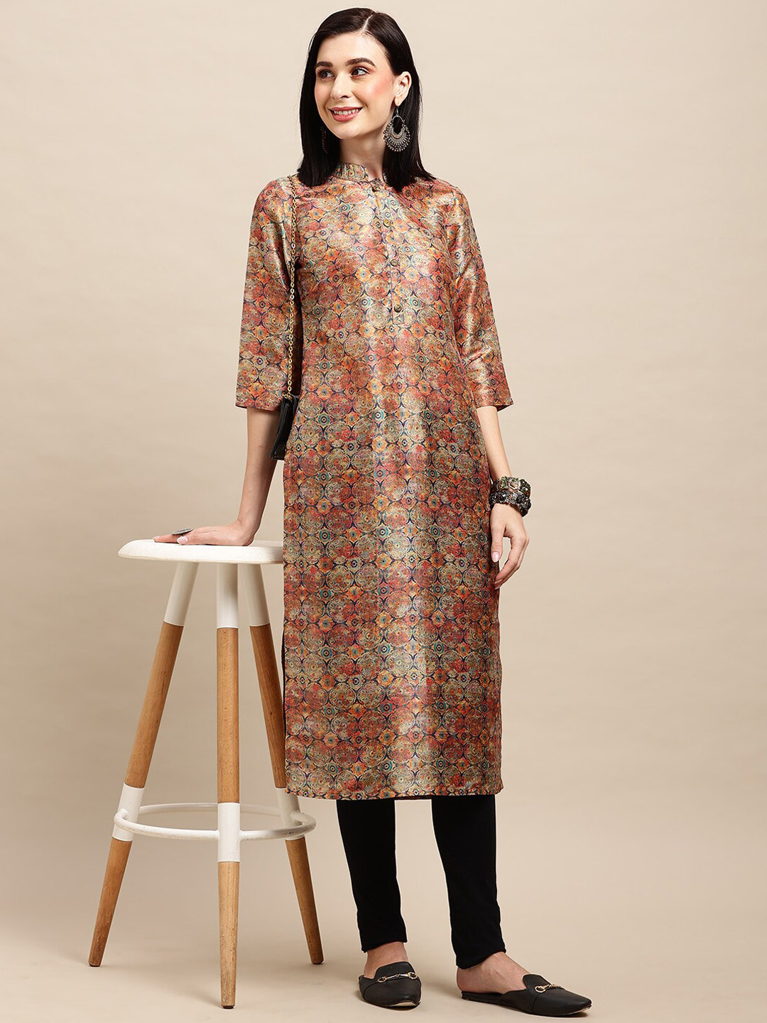 

all about you Brown Black & Orange Ethnic Motifs Chanderi Silk Straight Kurta