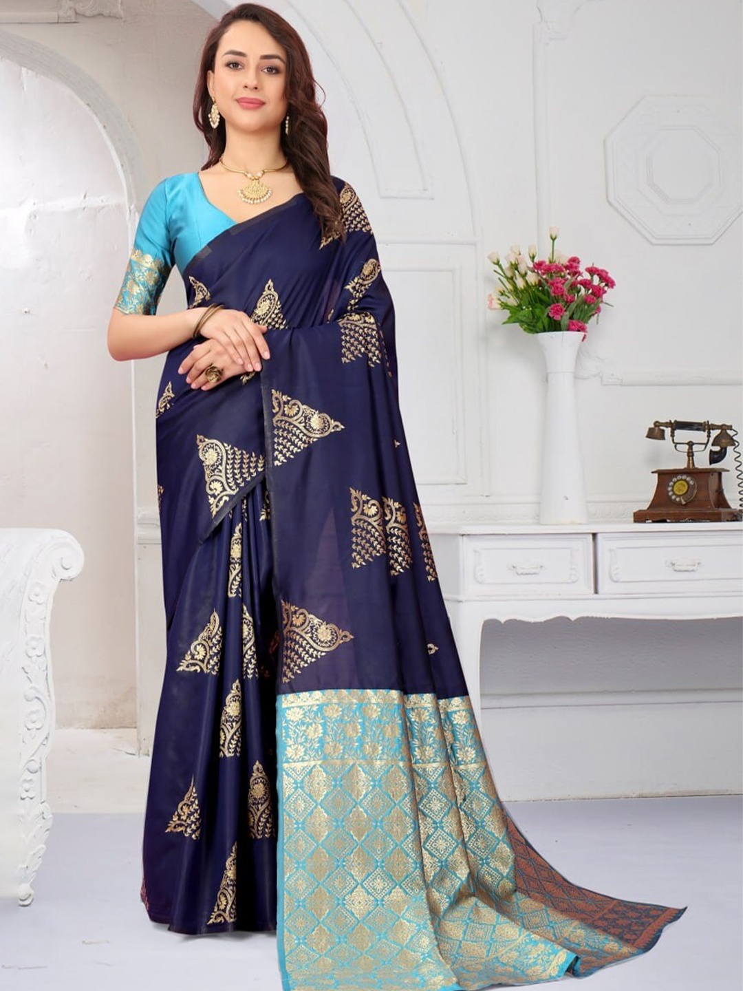 

Fab Viva Geometric Woven Design Zari Banarasi Saree, Navy blue