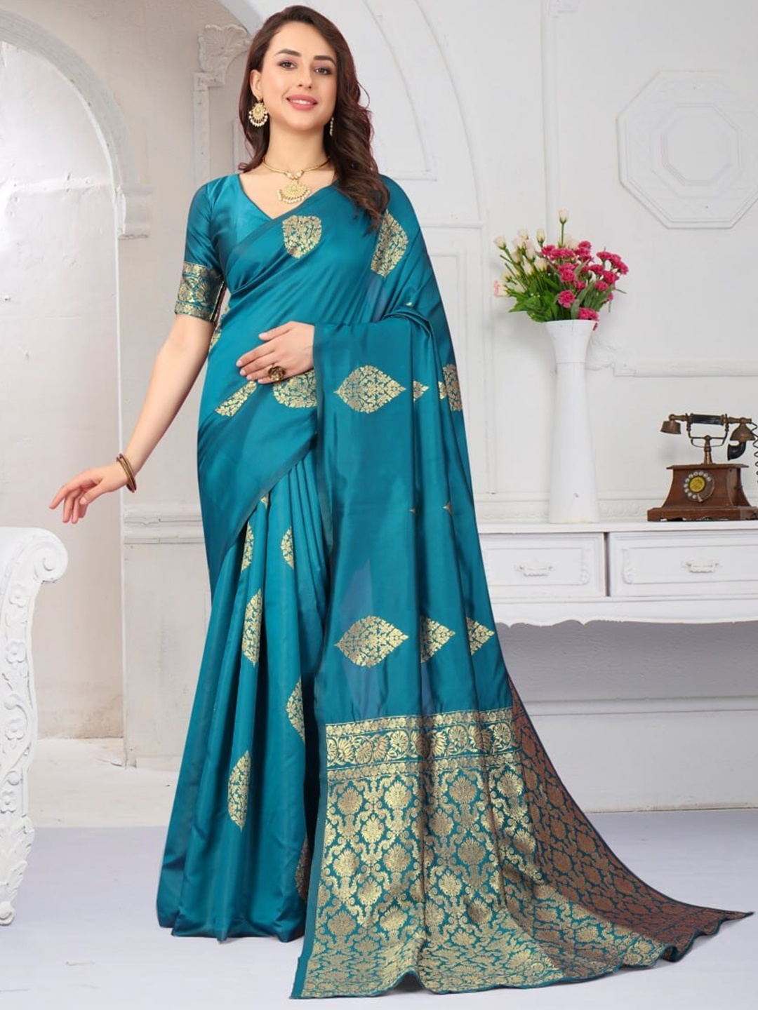 

Fab Viva Ethnic Motifs Woven Design Zari Banarasi Saree, Teal
