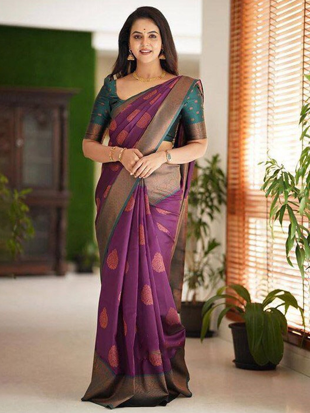 

Fab Viva Ethnic Motifs Woven Design Zari Silk Blend Banarasi Saree, Purple