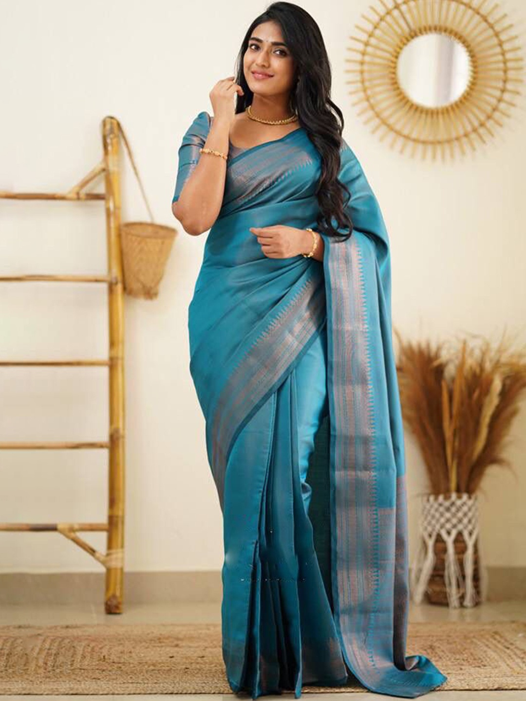 

Fab Viva Ethnic Motifs Woven Design Zari Silk Blend Designer Banarasi Saree, Blue