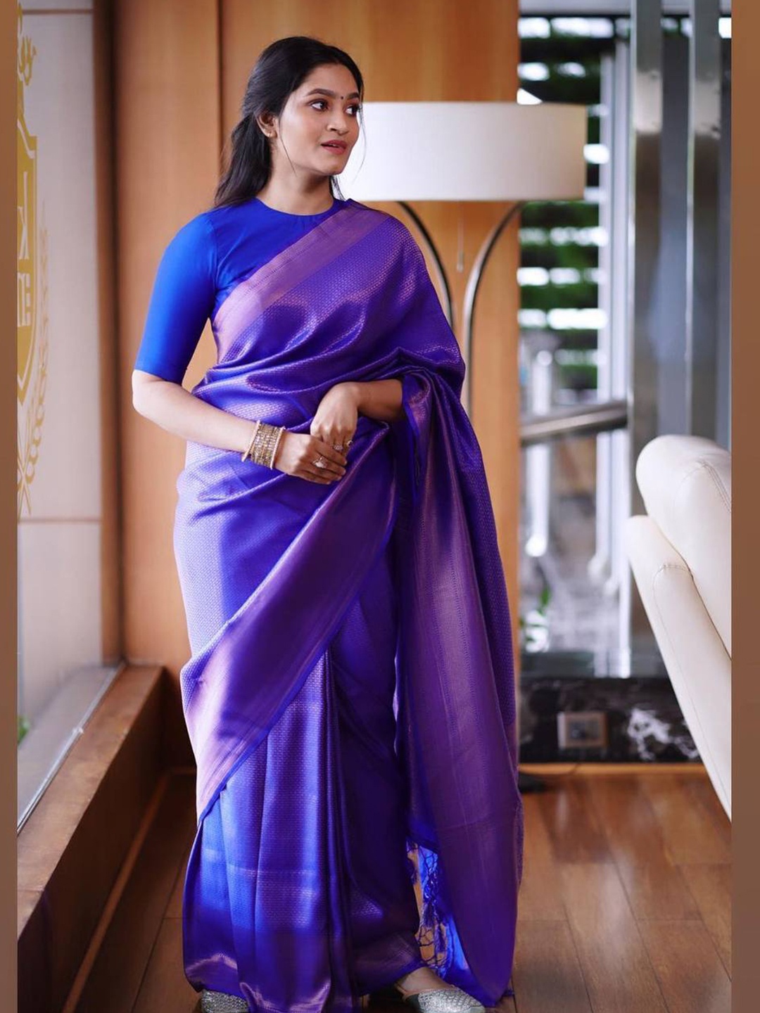 

Fab Viva Ethnic Motifs Woven Design Zari Silk Blend Banarasi Saree, Blue