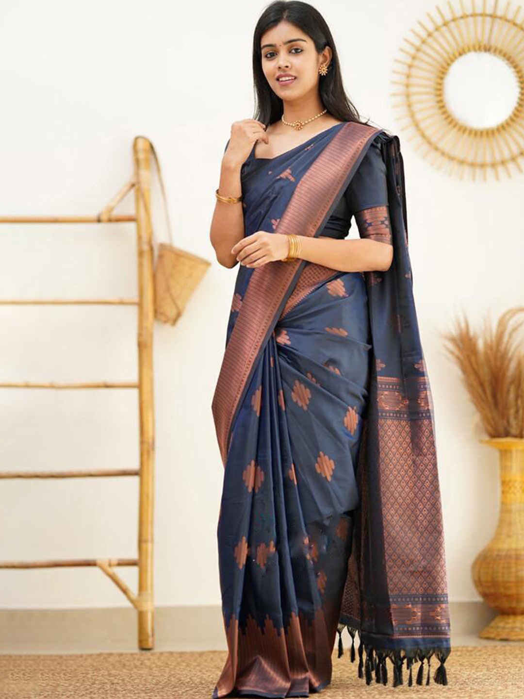 

Fab Viva Zari Silk Blend Designer Banarasi Saree, Navy blue