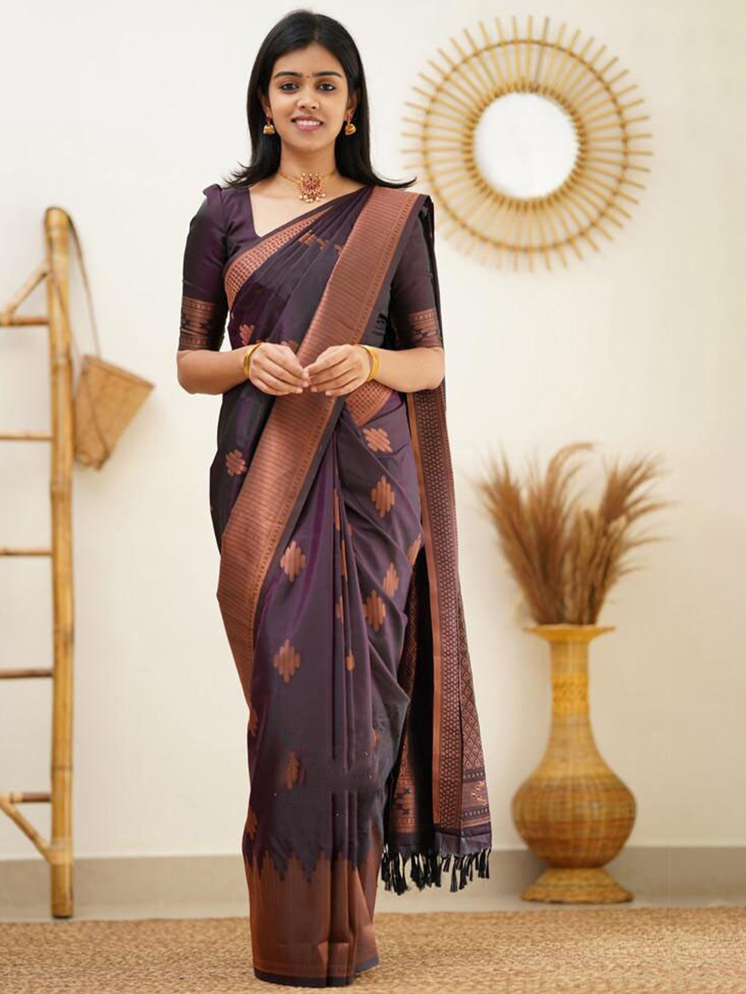 

Fab Viva Ethnic Motifs Zari Silk Blend Banarasi Saree, Purple