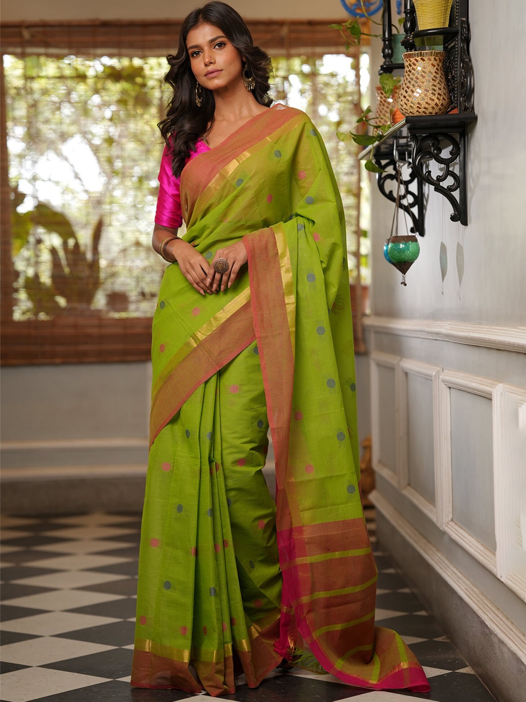 

Unnati Silks Woven Design Zari Pure Cotton Mangalagiri Saree, Green
