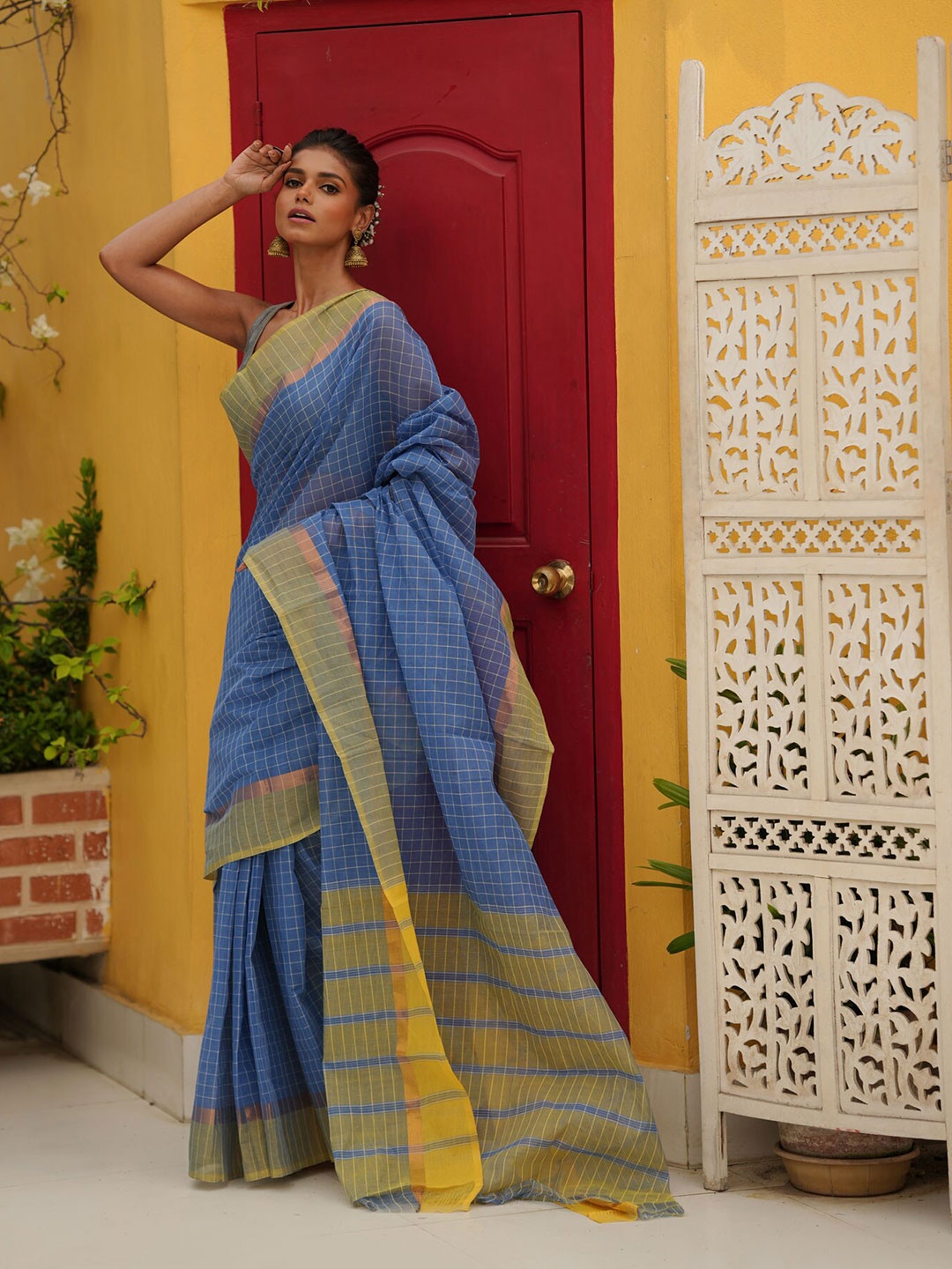 

Unnati Silks Checked Zari Pure Cotton Mangalagiri Saree, Blue