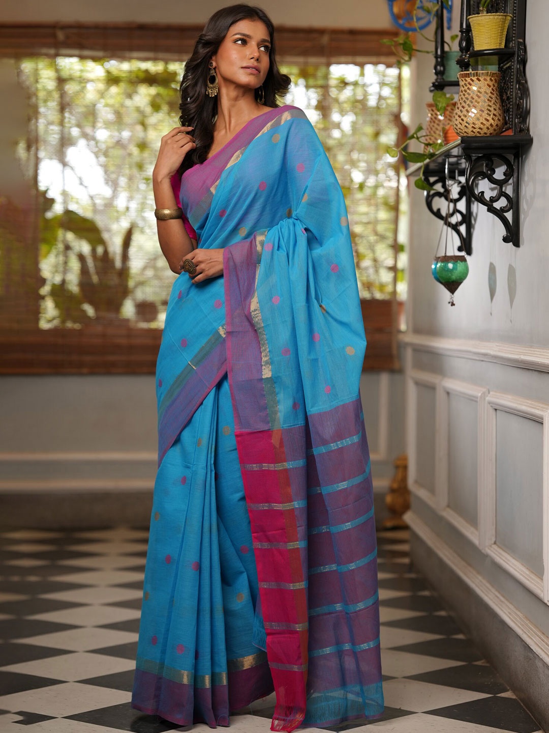 

Unnati Silks Woven Design Zari Pure Cotton Mangalagiri Saree, Blue