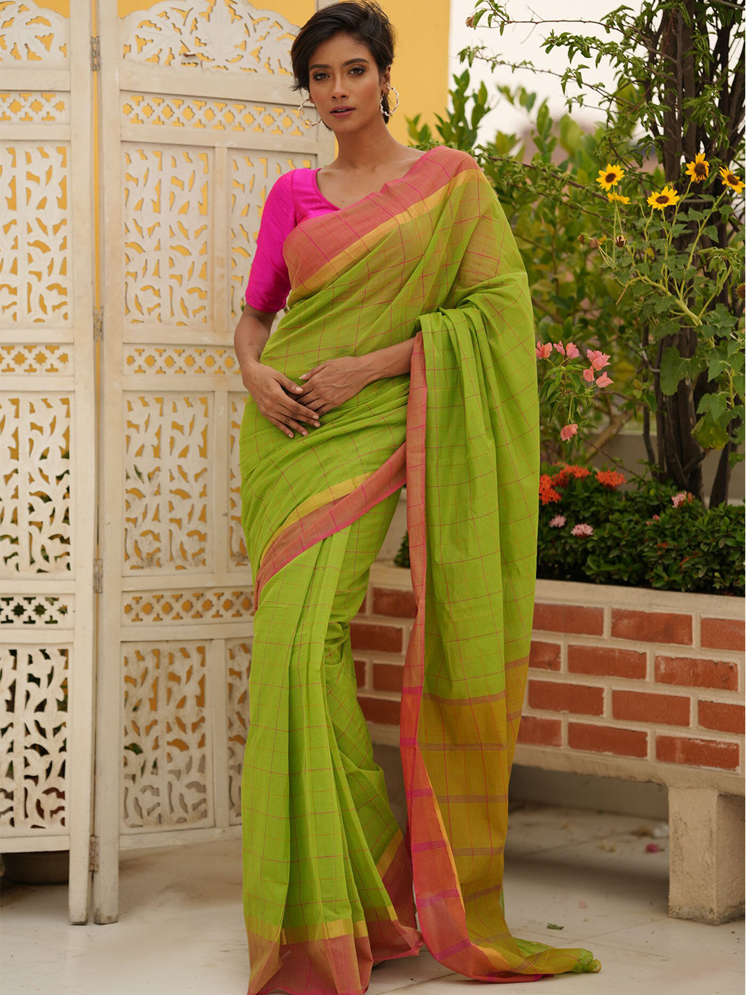 

Unnati Silks Checked Pure Cotton Mangalagiri Saree, Green