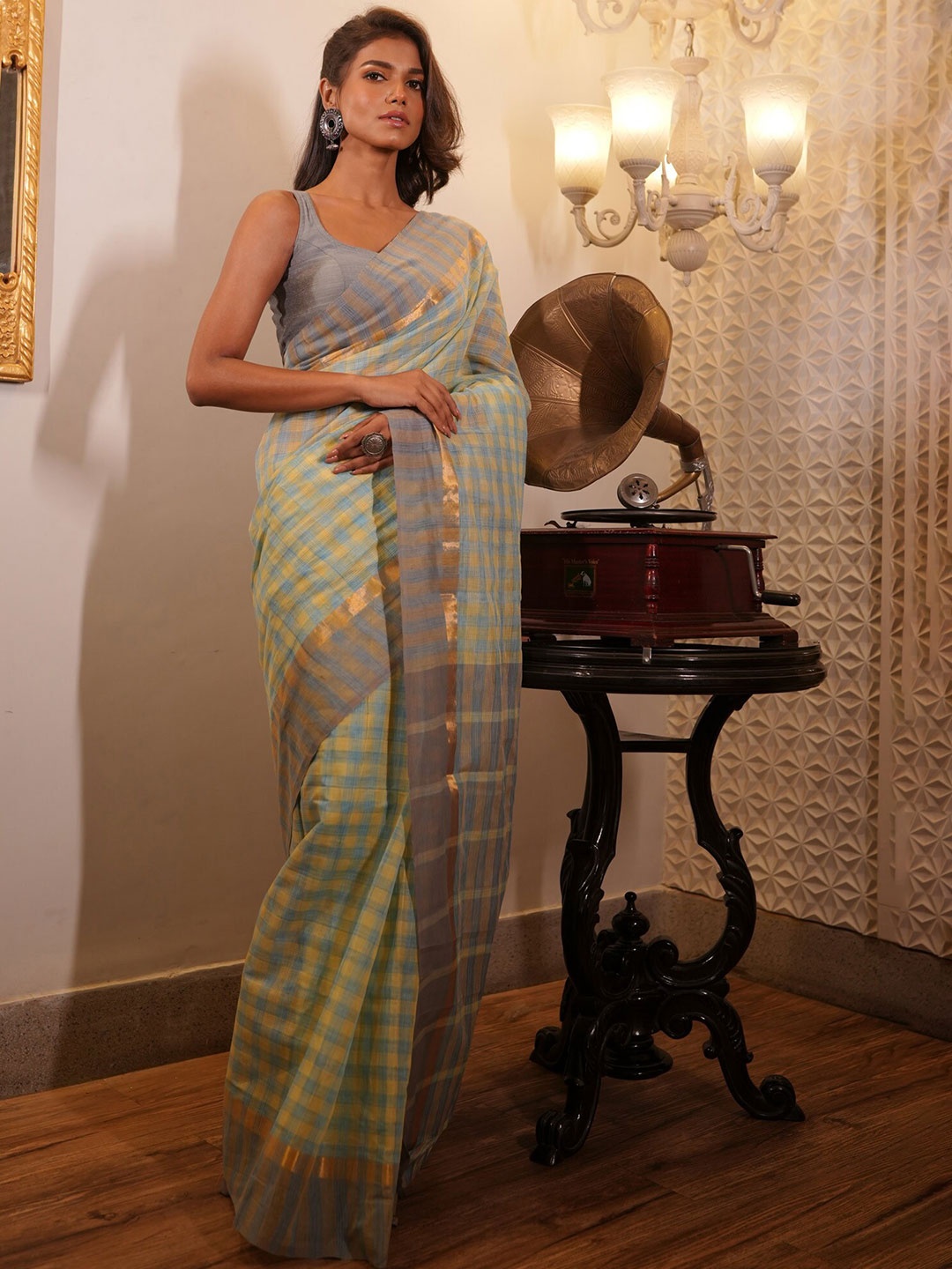 

Unnati Silks Checked Zari Pure Cotton Mangalagiri Saree, Blue
