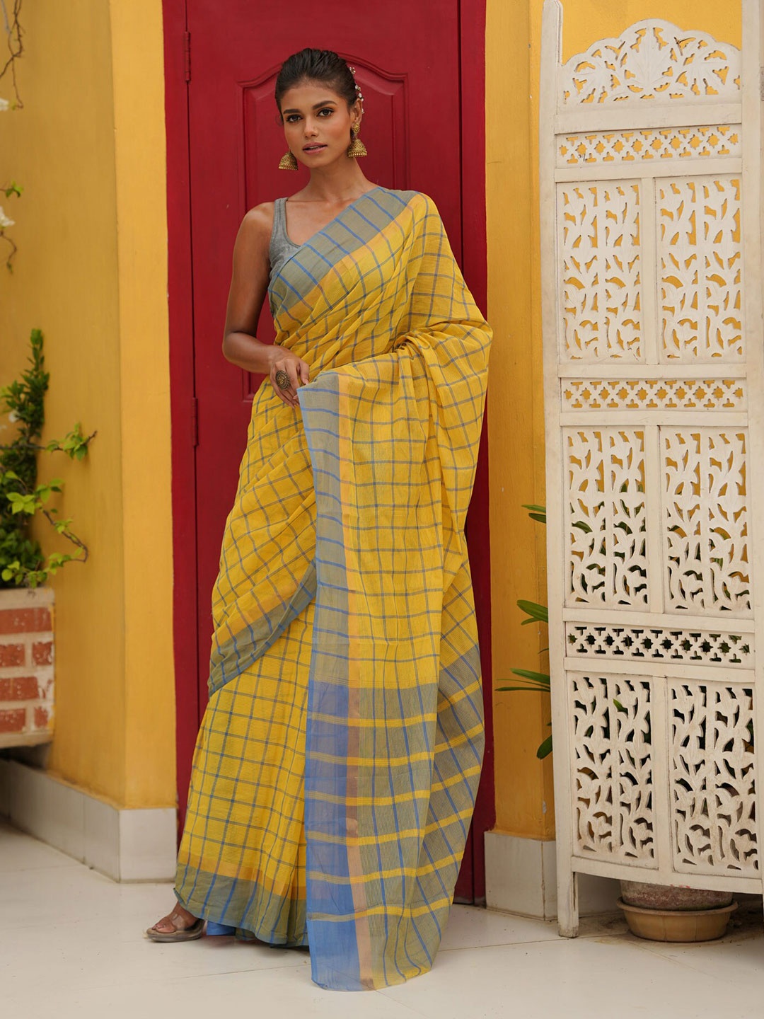 

Unnati Silks Checked Zari Pure Cotton Mangalagiri Saree, Yellow