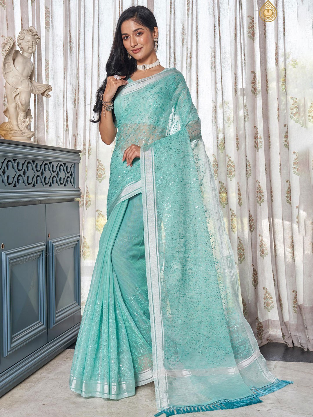 

Unnati Silks Green & Silver-Toned Ethnic Motifs Zari Pure Cotton Kota Saree