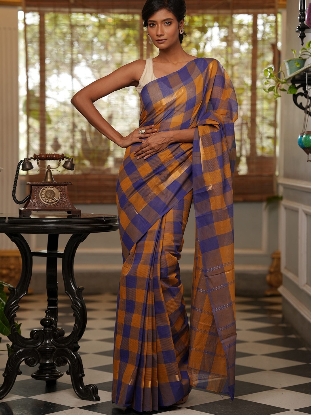 

Unnati Silks Checked Zari Pure Cotton Handloom Mangalagiri Saree, Brown