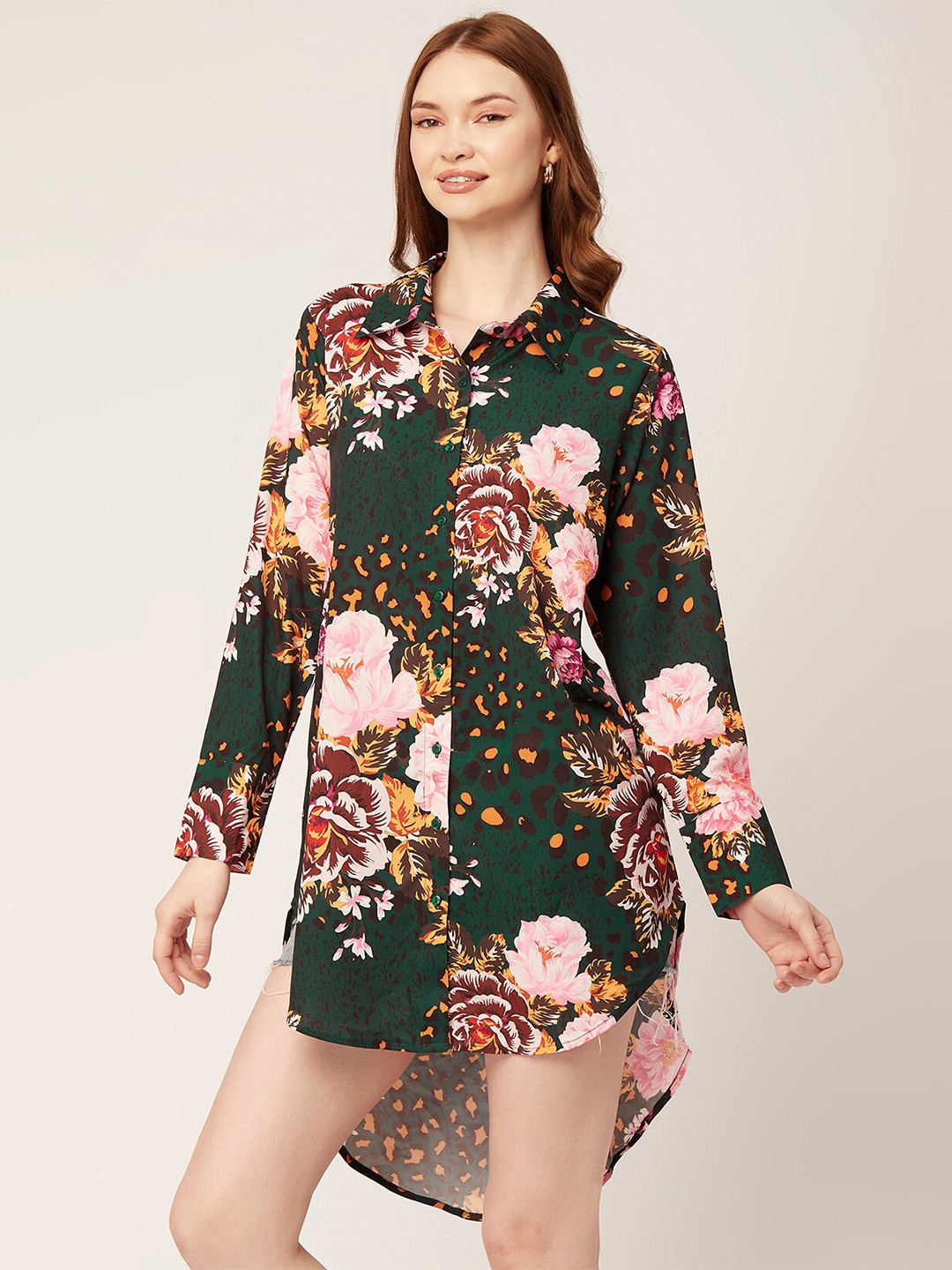 

Moomaya Classic Floral Printed Longline Casual Shirt, Green