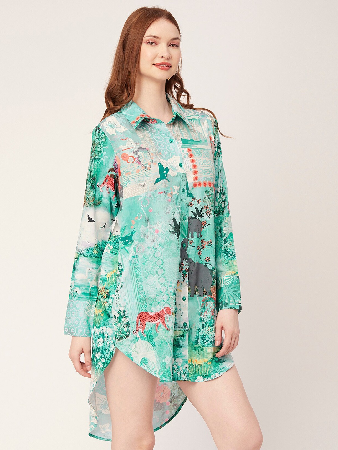 

Moomaya Graphic Printed High-Low Hem Mini Shirt Dress, Green