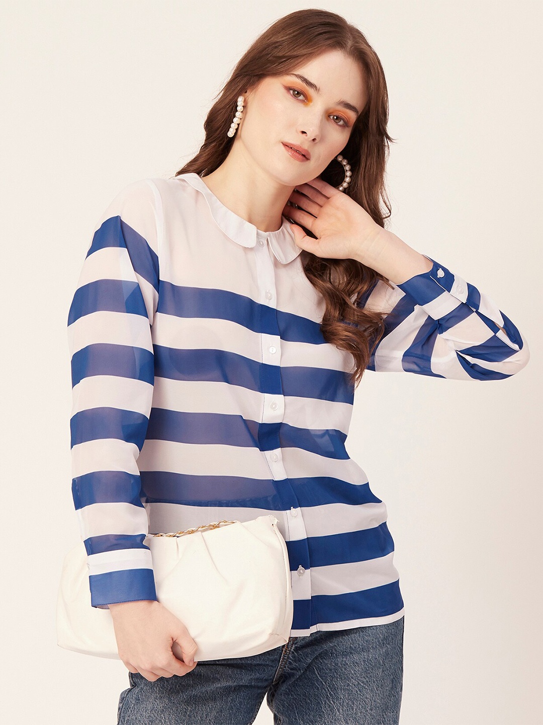 

Moomaya Peter Pan Collar Classic Fit Horizontal Striped Sheer Shirt, Blue