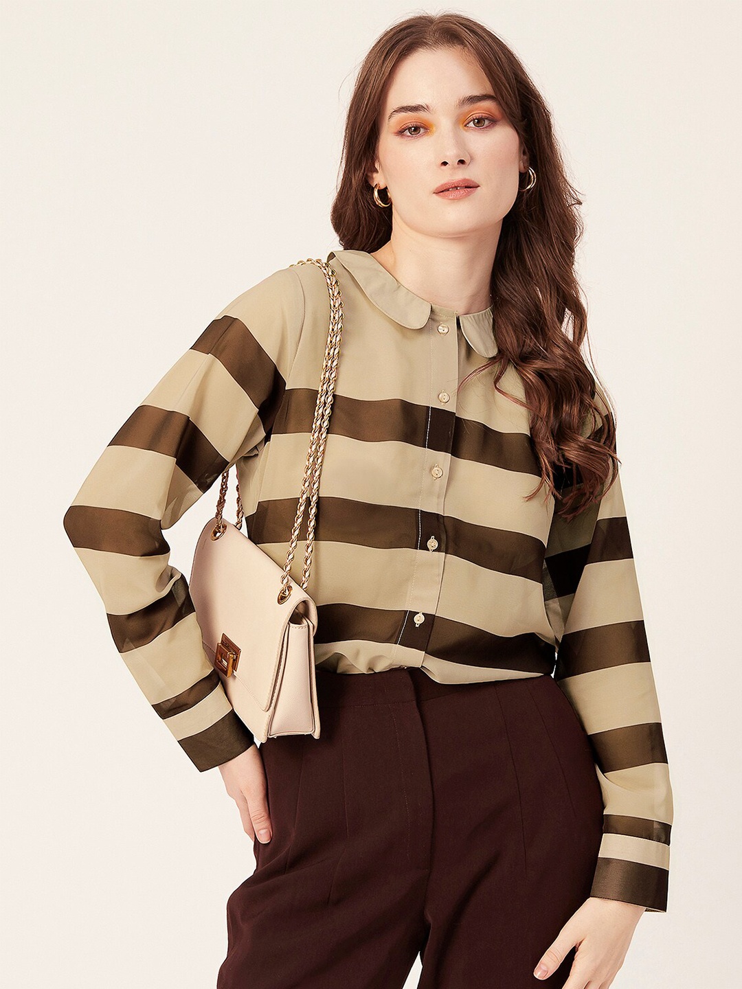 

Moomaya Classic Horizontal Stripes Sheer Striped Casual Shirt, Brown