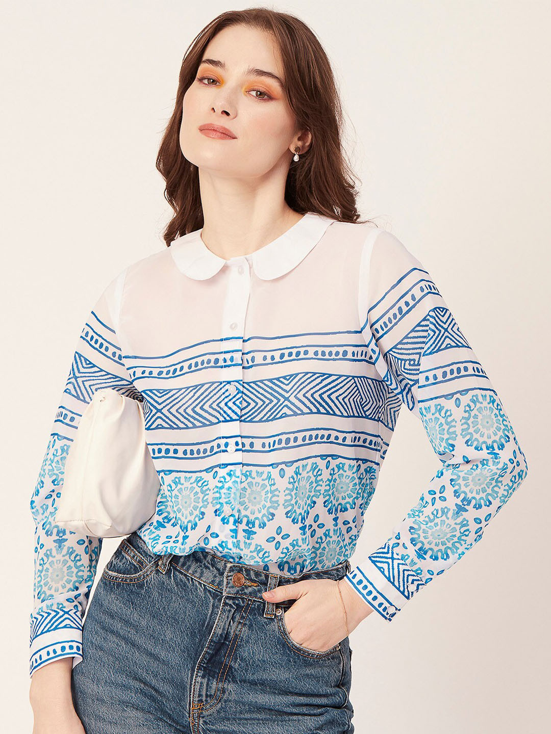 

Moomaya Peter Pan Collar Classic Fit Geometric Printed Sheer Shirt, Blue