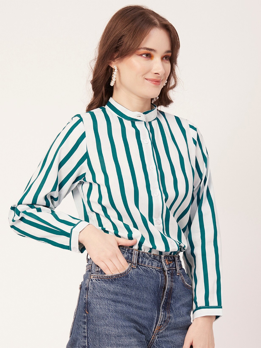 

Moomaya Band Collar Classic Fit Vertical Striped Casual Cotton Shirt, Teal