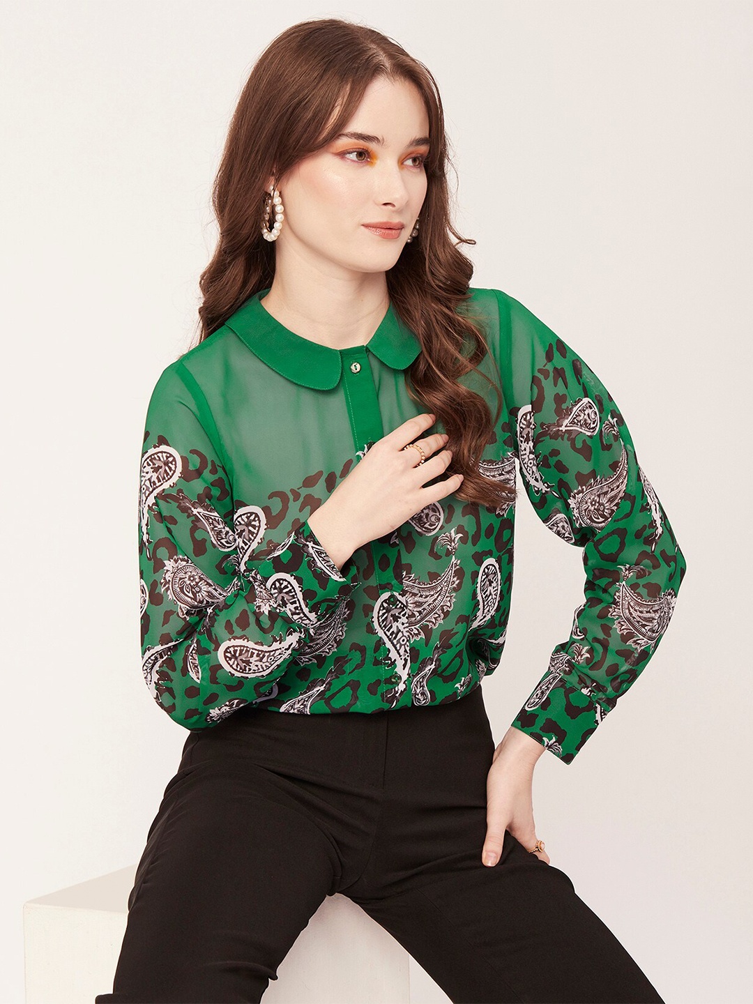 

Moomaya Classic Paisley Printed Semi Sheer Casual Shirt, Green