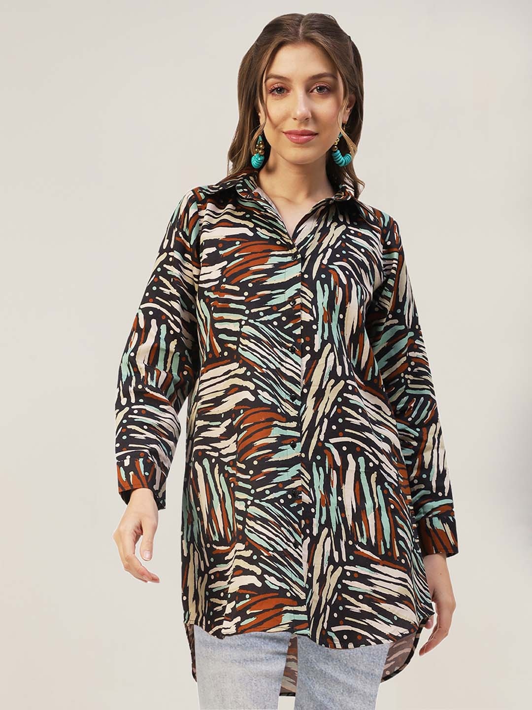 

Moomaya Classic Animal Printed Longline Casual Shirt, Black