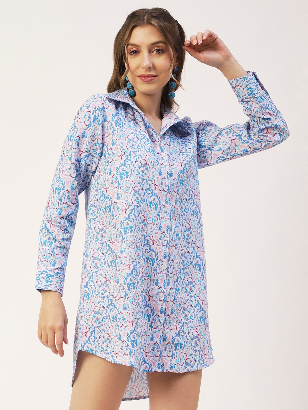 

Moomaya Floral Printed High-Low Hem Mini Shirt Dress, Blue