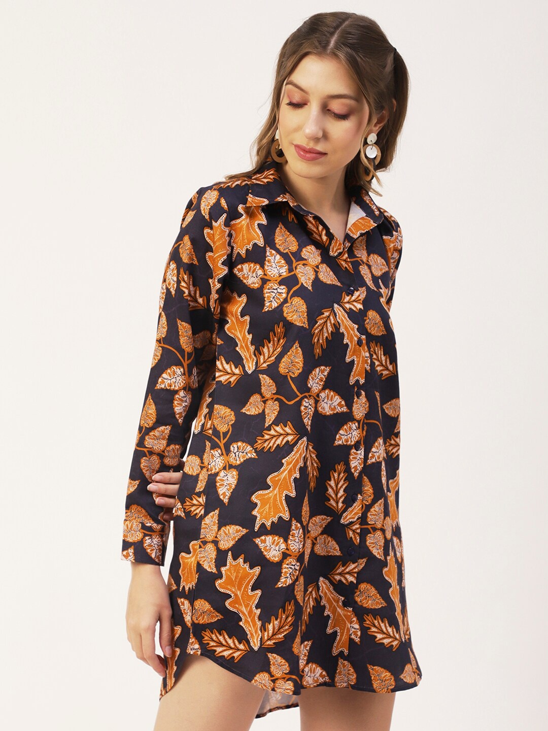 

Moomaya Floral Printed Shirt Collar Cuffed Sleeves Shirt Dress, Blue