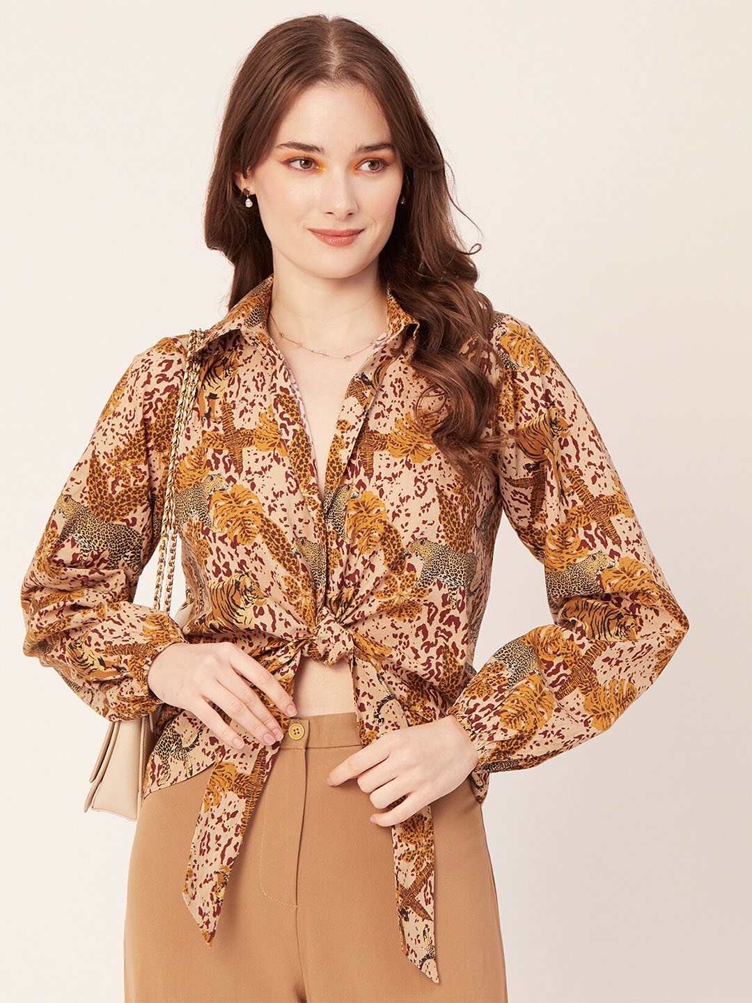

Moomaya Conversational Printed Shirt Collar Cuffed Sleeve Tie-Ups Cotton Shirt Style Top, Beige