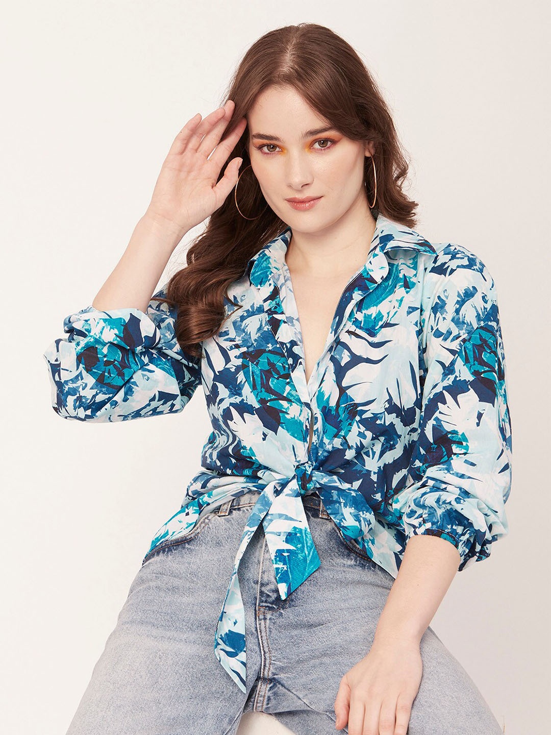 

Moomaya Tropical Printed Waist Tie-Up Detailed Shirt Style Top, Blue