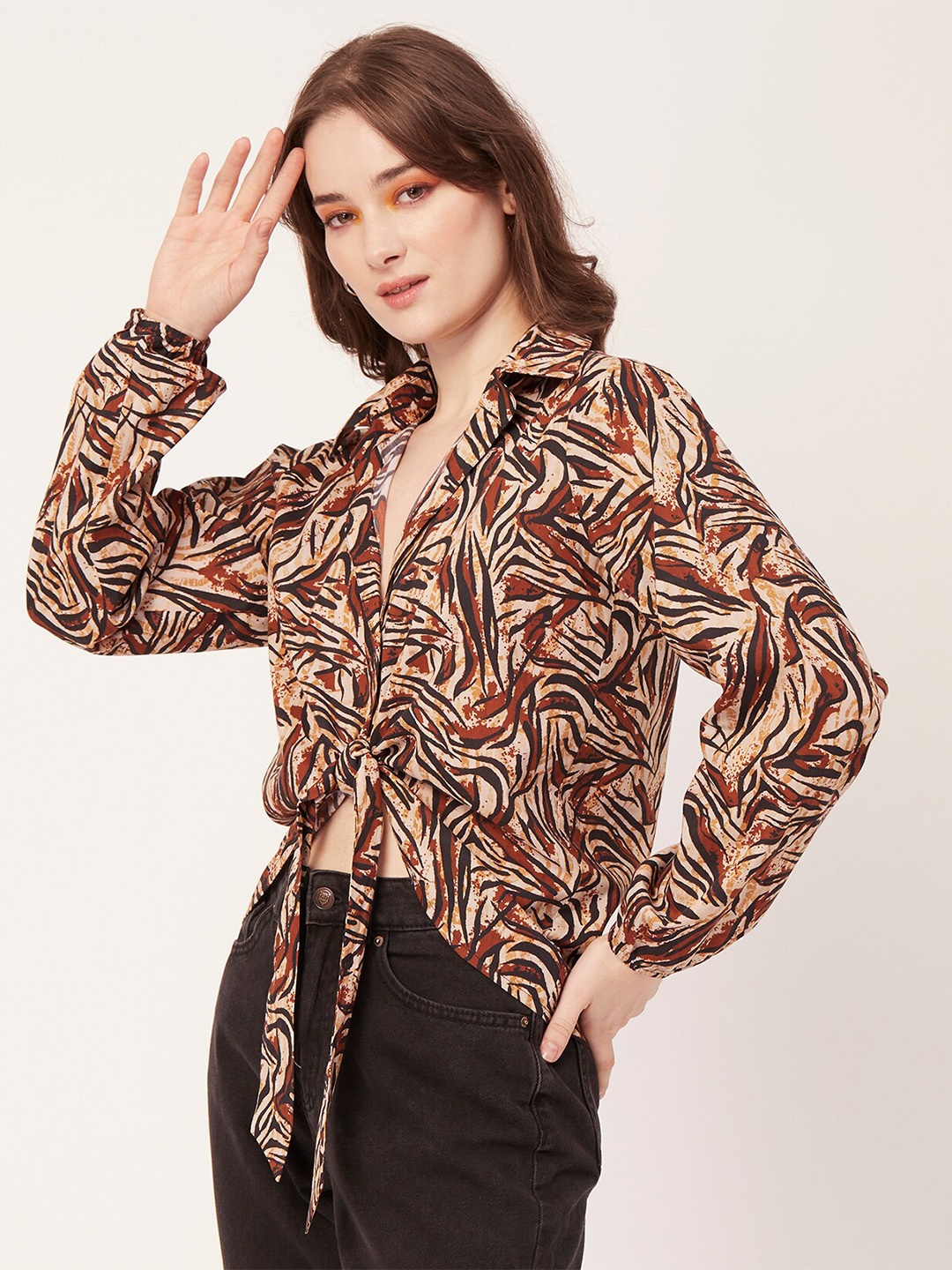 

Moomaya Abstract Printed Shirt Collar Tie-Ups Cotton Shirt Style Top, Black