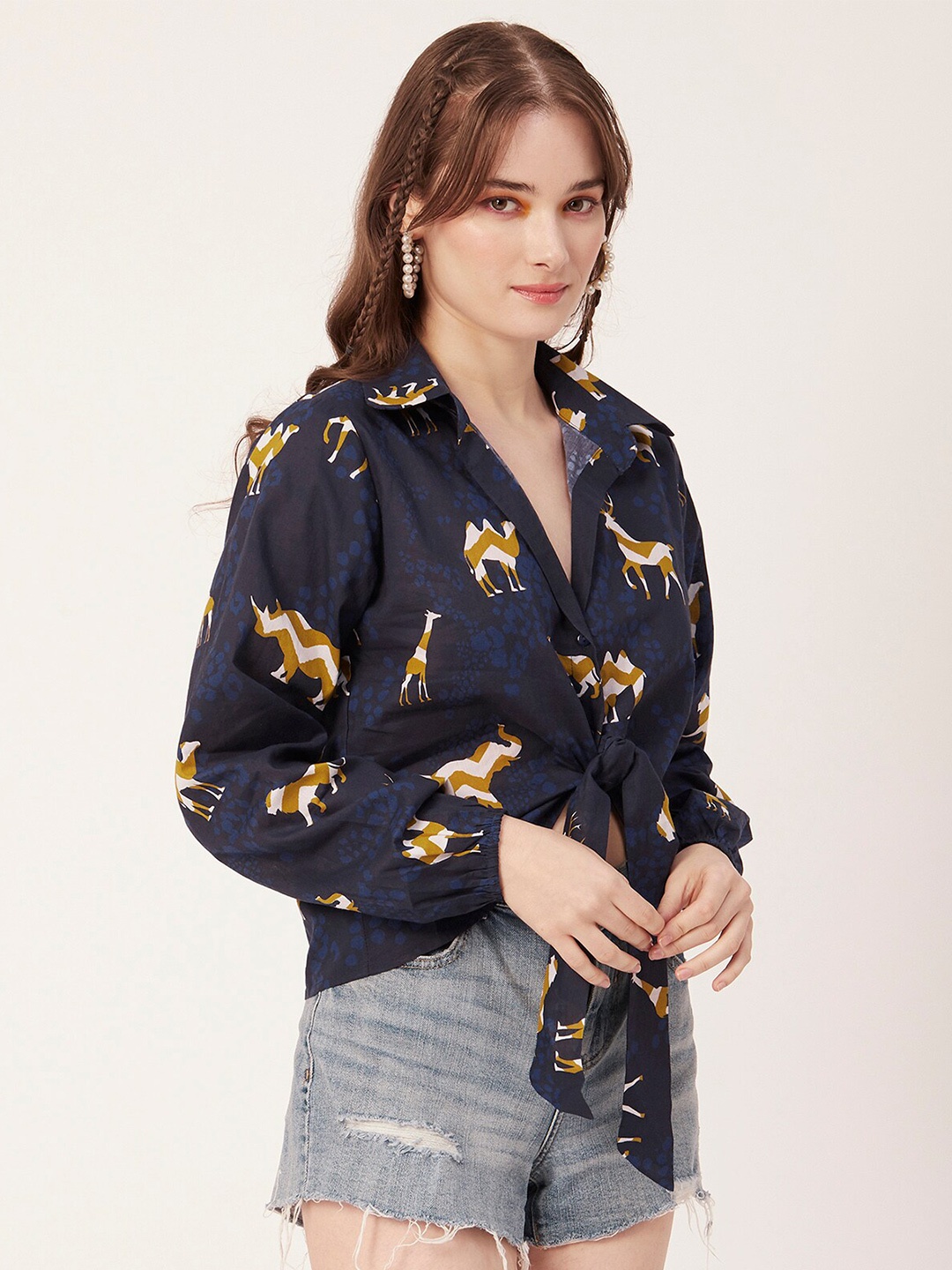 

Moomaya Conversational Printed Shirt Collar Tie-Ups Cotton Shirt Style Top, Blue